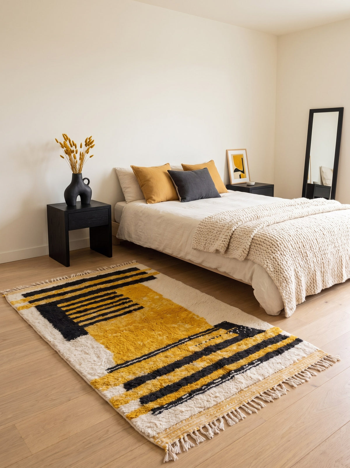 Tapis berbère graphique jaune et noir Zandir dans une chambre, noué main au Maroc