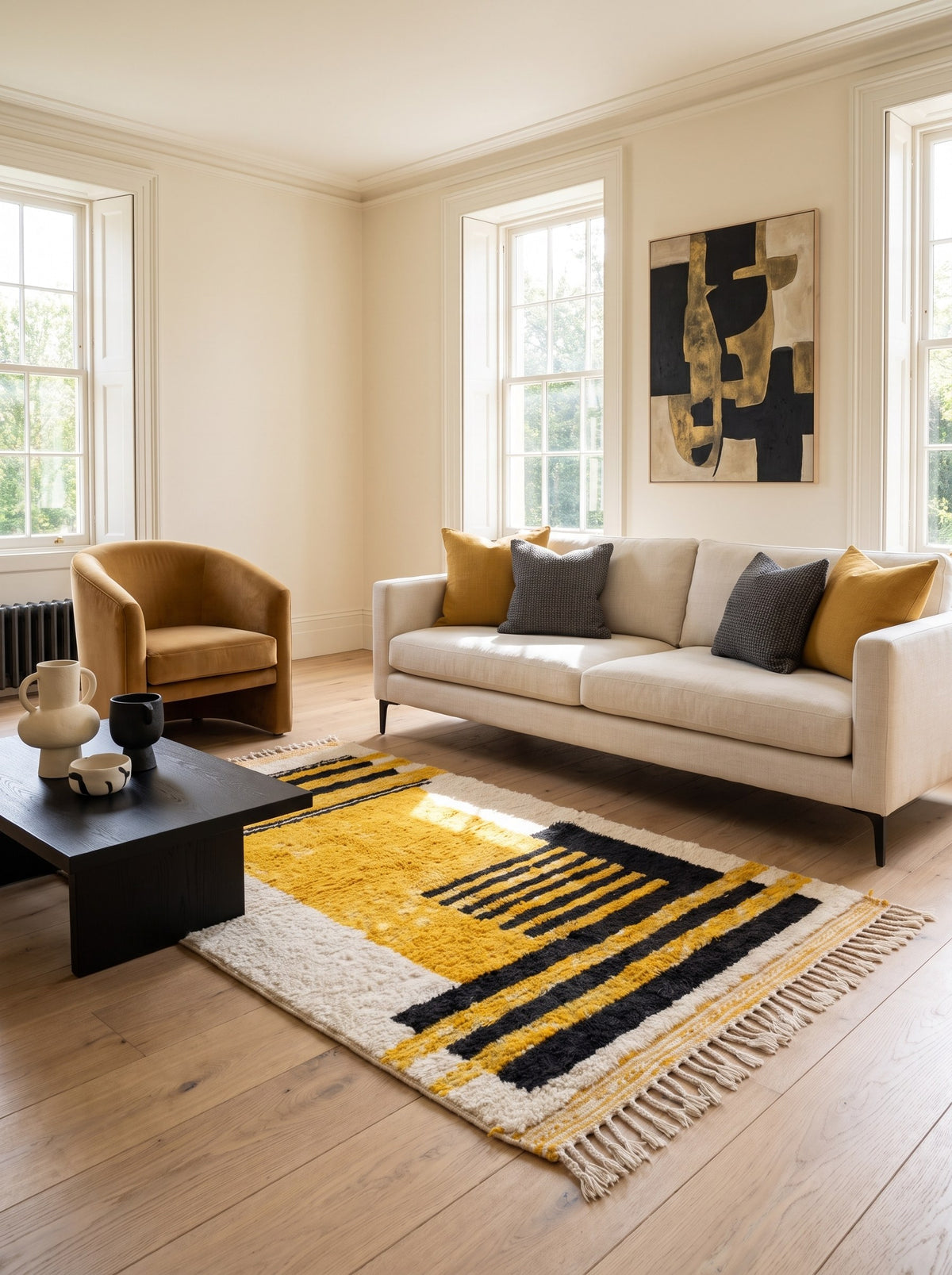 Tapis berbère graphique jaune et noir Zandir dans un salon, noué main au Maroc