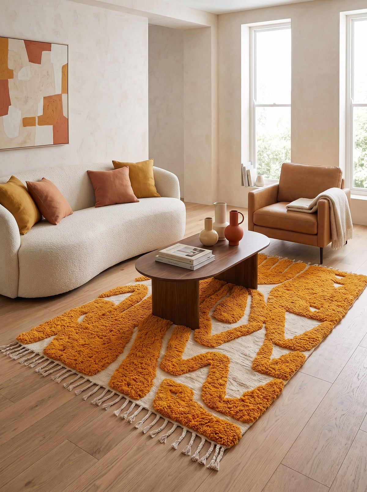 Tapis berbère graphique moutarde Aridal dans un salon, noué main au Maroc