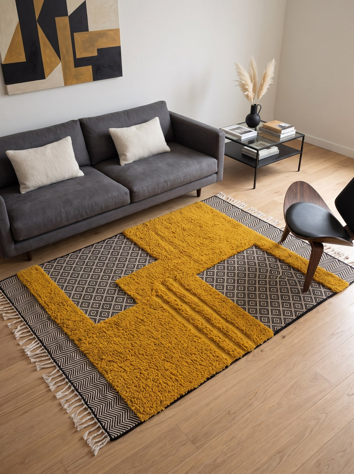 Tapis berbère graphique moutarde Ilzan dans un salon, noué main au Maroc