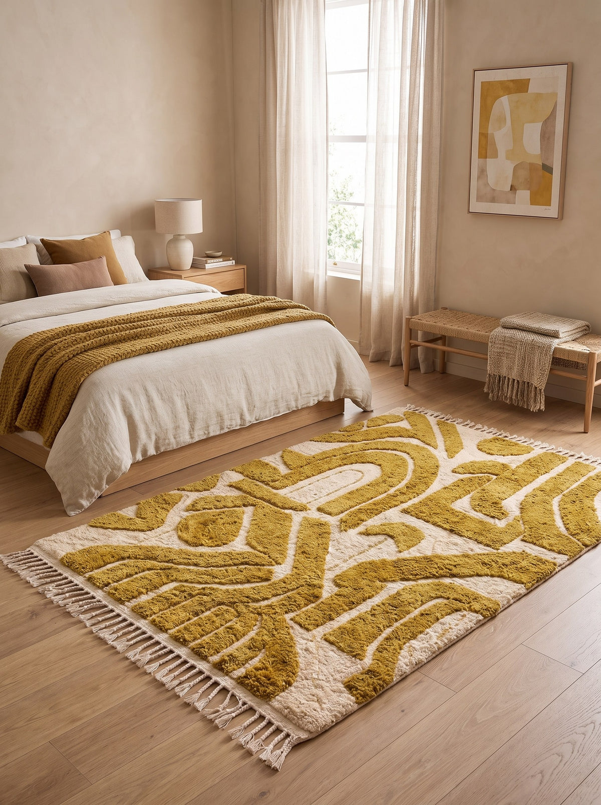 Tapis berbère graphique moutarde Inbara dans une chambre, noué main au Maroc