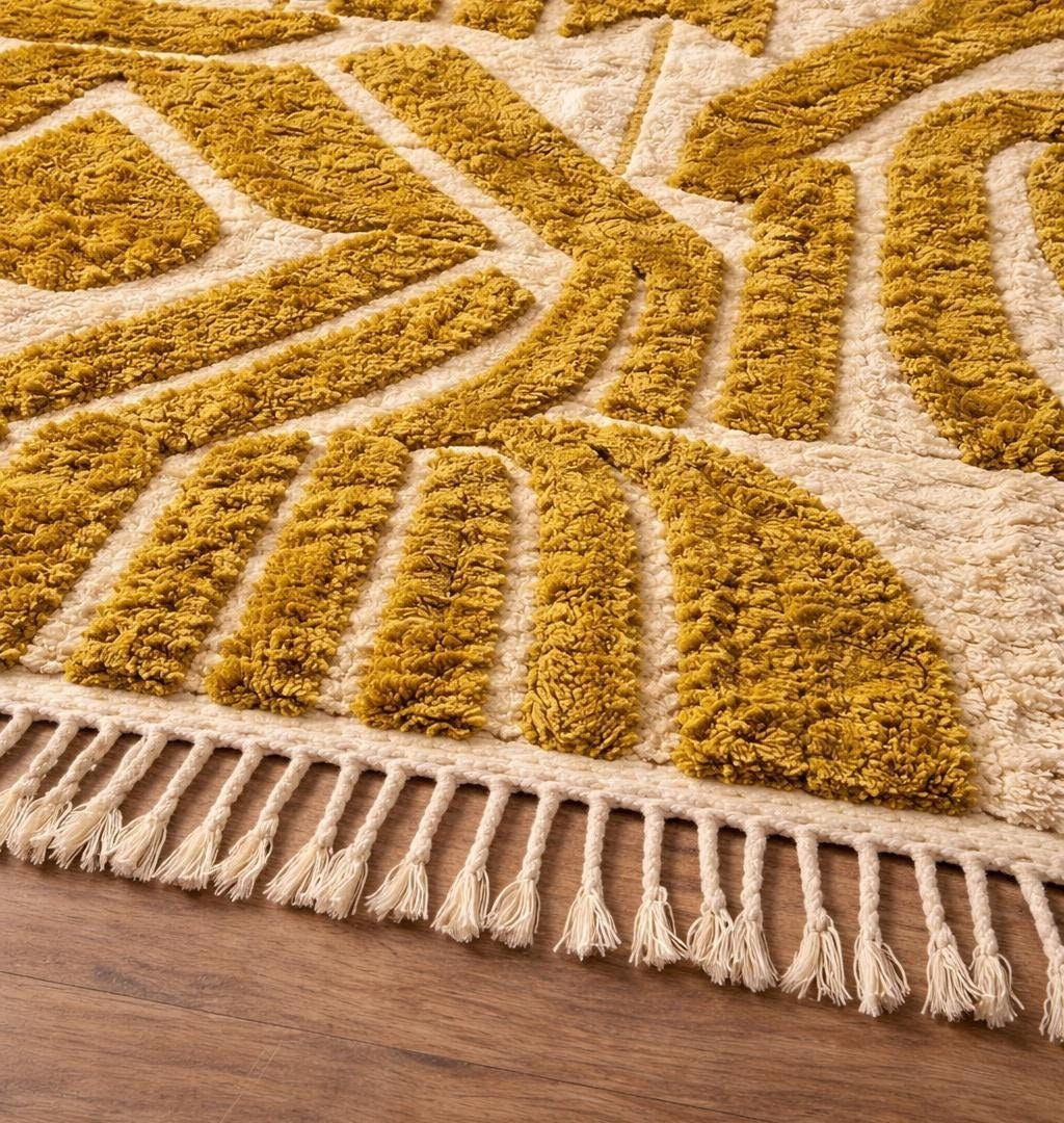 Gros plan sur les franges du tapis berbère Tagdilt, écrues en bas seulement, nouées à la main