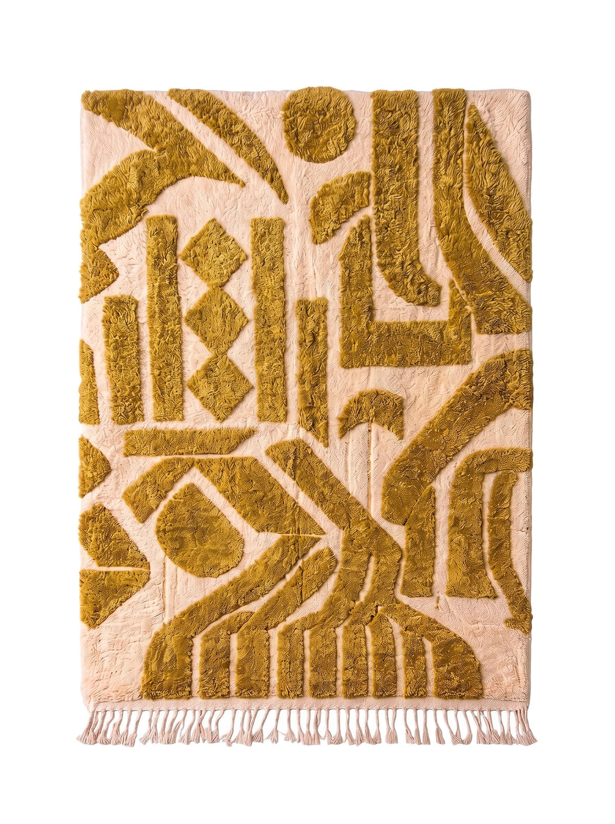 Tapis berbère graphique moutarde Tagdilt vu à plat, champ écru, motifs moutarde en relief, franges écrues en bas seulement