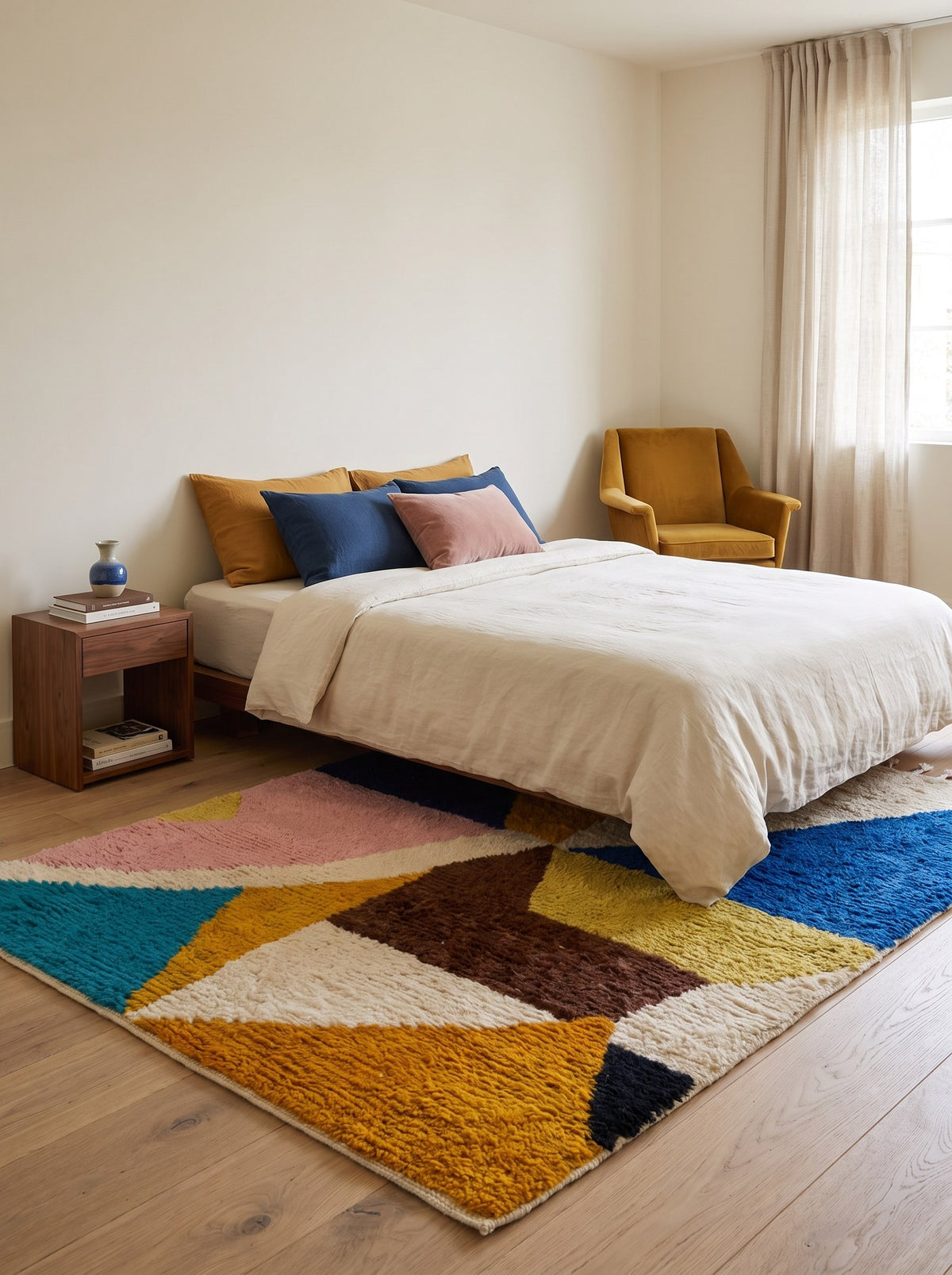Tapis berbère graphique multicolore Amloun dans une chambre, noué main au Maroc