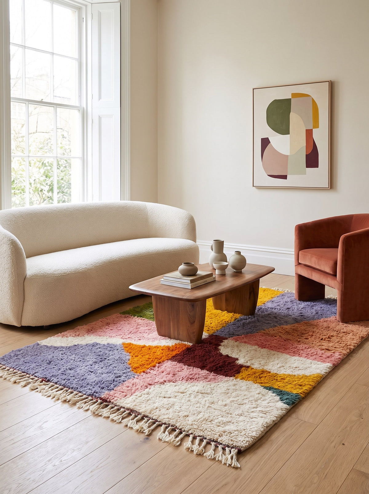 Tapis berbère graphique multicolore Aseggas dans un autre salon, noué main au Maroc