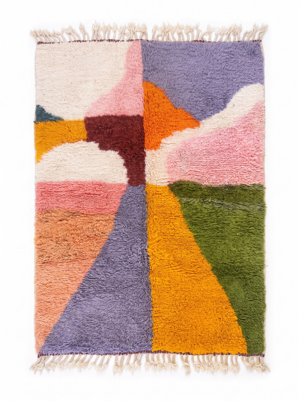 Tapis berbère graphique multicolore Aseggas vu à plat, grands aplats aux contours courbes, haut écru, rose et lavande