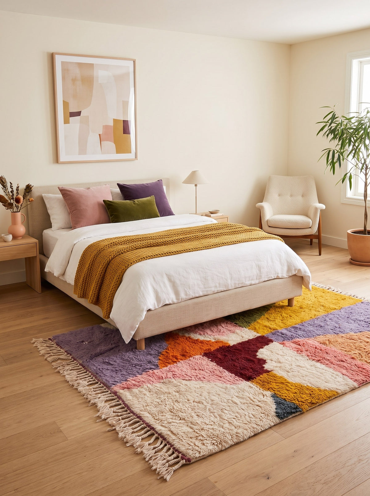 Tapis berbère graphique multicolore Goulmima dans une chambre, noué main au Maroc