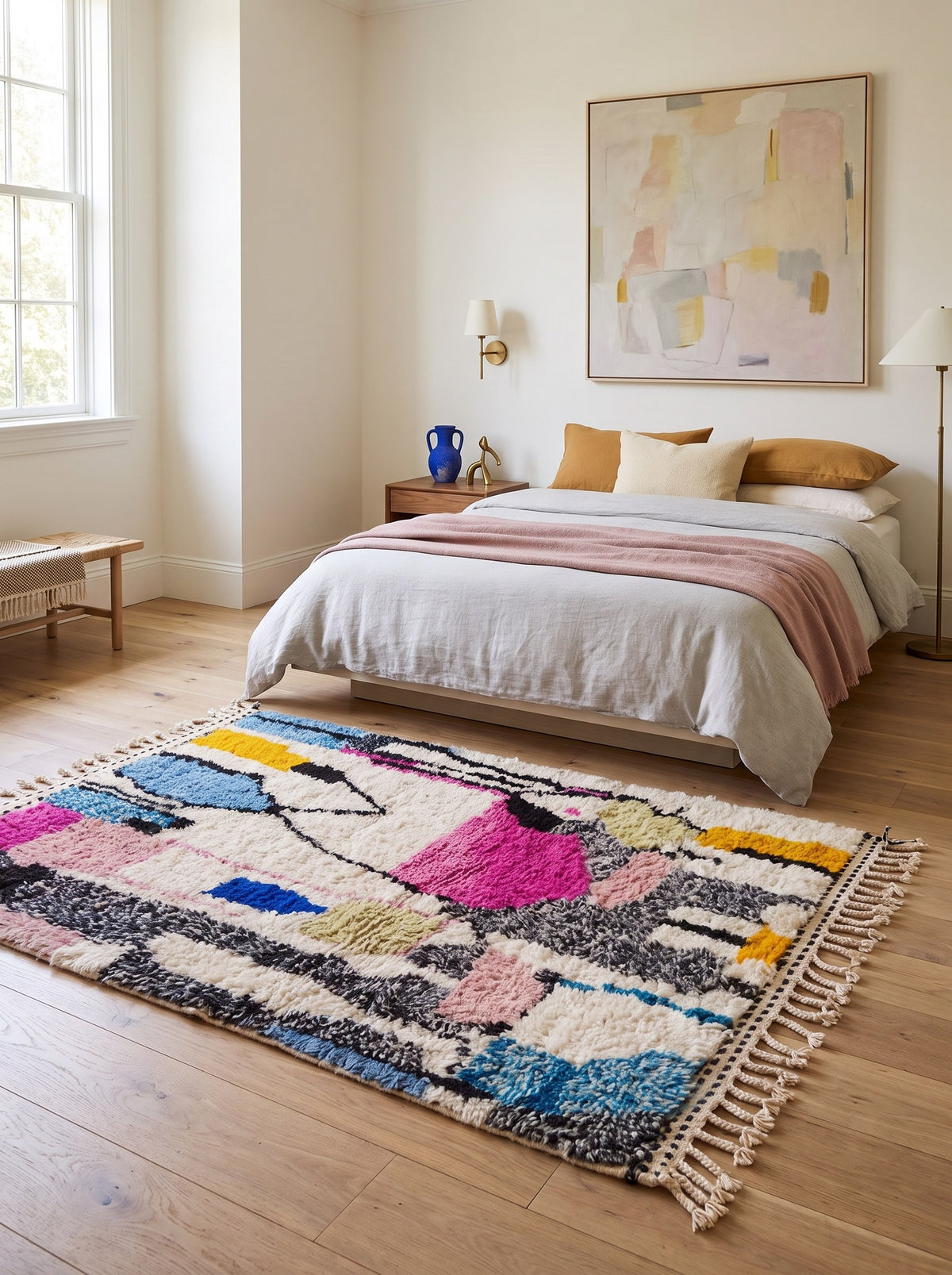 Tapis berbère graphique multicolore Ijoukak dans une chambre, noué main au Maroc