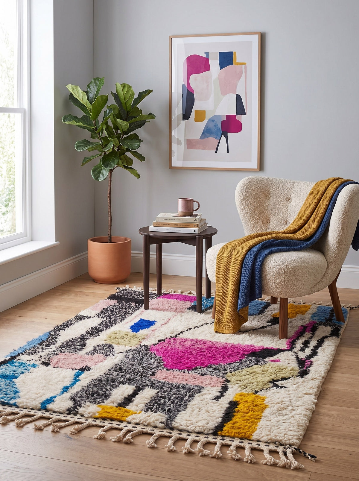 Tapis berbère graphique multicolore Ijoukak dans un coin lecture, noué main au Maroc
