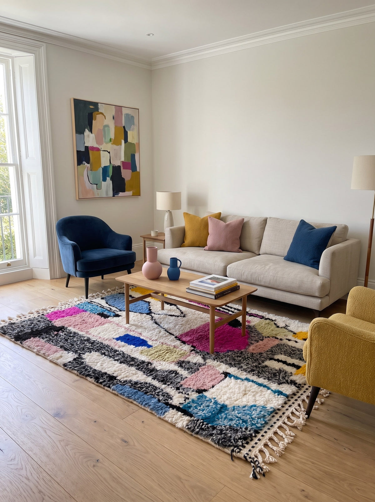 Tapis berbère graphique multicolore Ijoukak dans un autre salon, noué main au Maroc