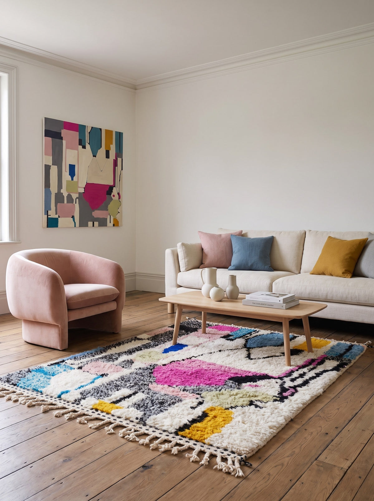Ijoukak graphic multicoloured Berber rug in a living room, hand-knotted in Morocco