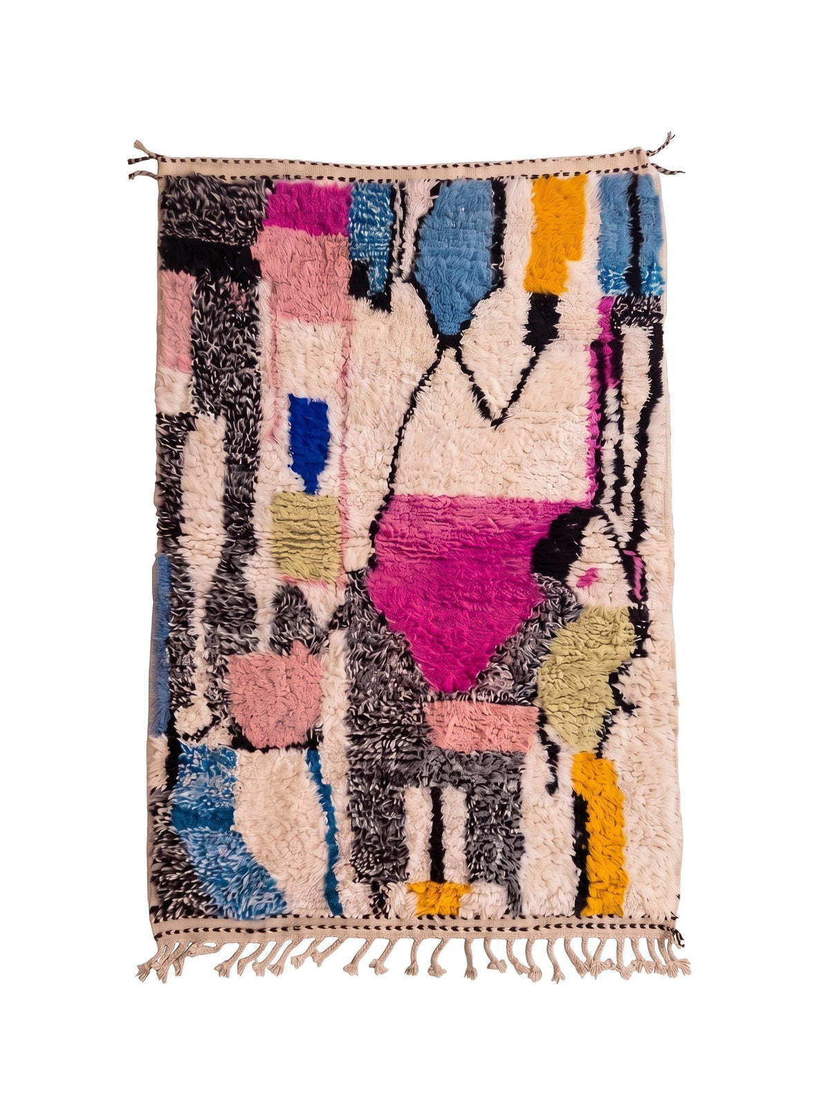 Ijoukak graphic multicoloured Berber rug, laid flat, ecru and heathered grey ground outlined in black