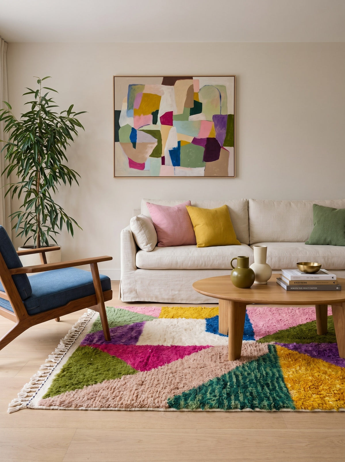 Tapis berbère graphique multicolore Mezrouan dans un salon, noué main au Maroc