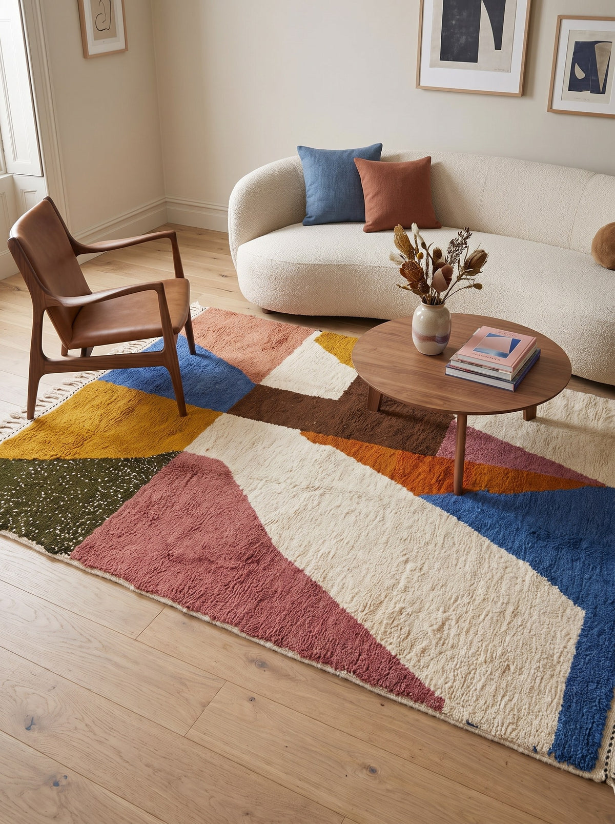 Tapis berbère graphique multicolore Nassour dans un salon, noué main au Maroc