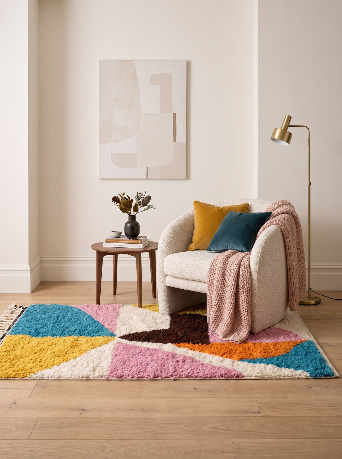 Tapis berbère graphique multicolore Tafaska dans un coin lecture, noué main au Maroc