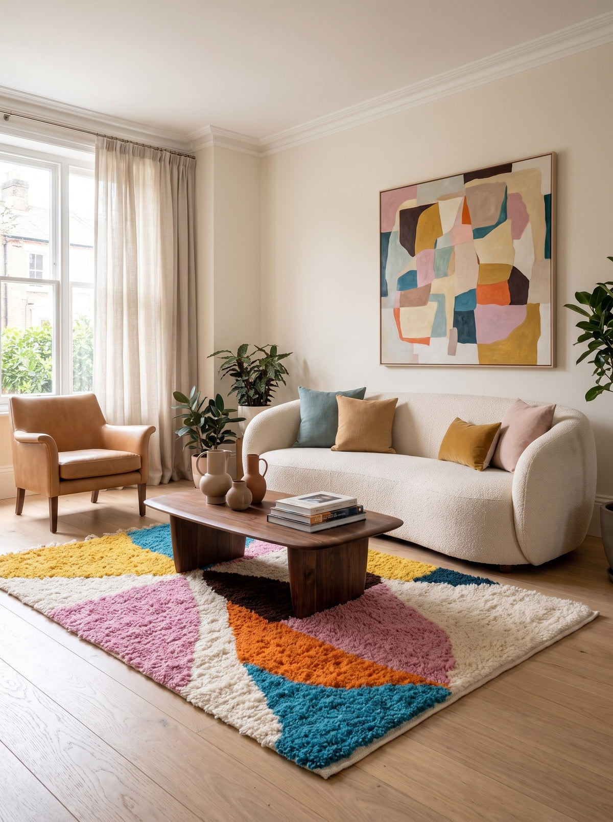 Tapis berbère graphique multicolore Tafaska dans un salon, noué main au Maroc