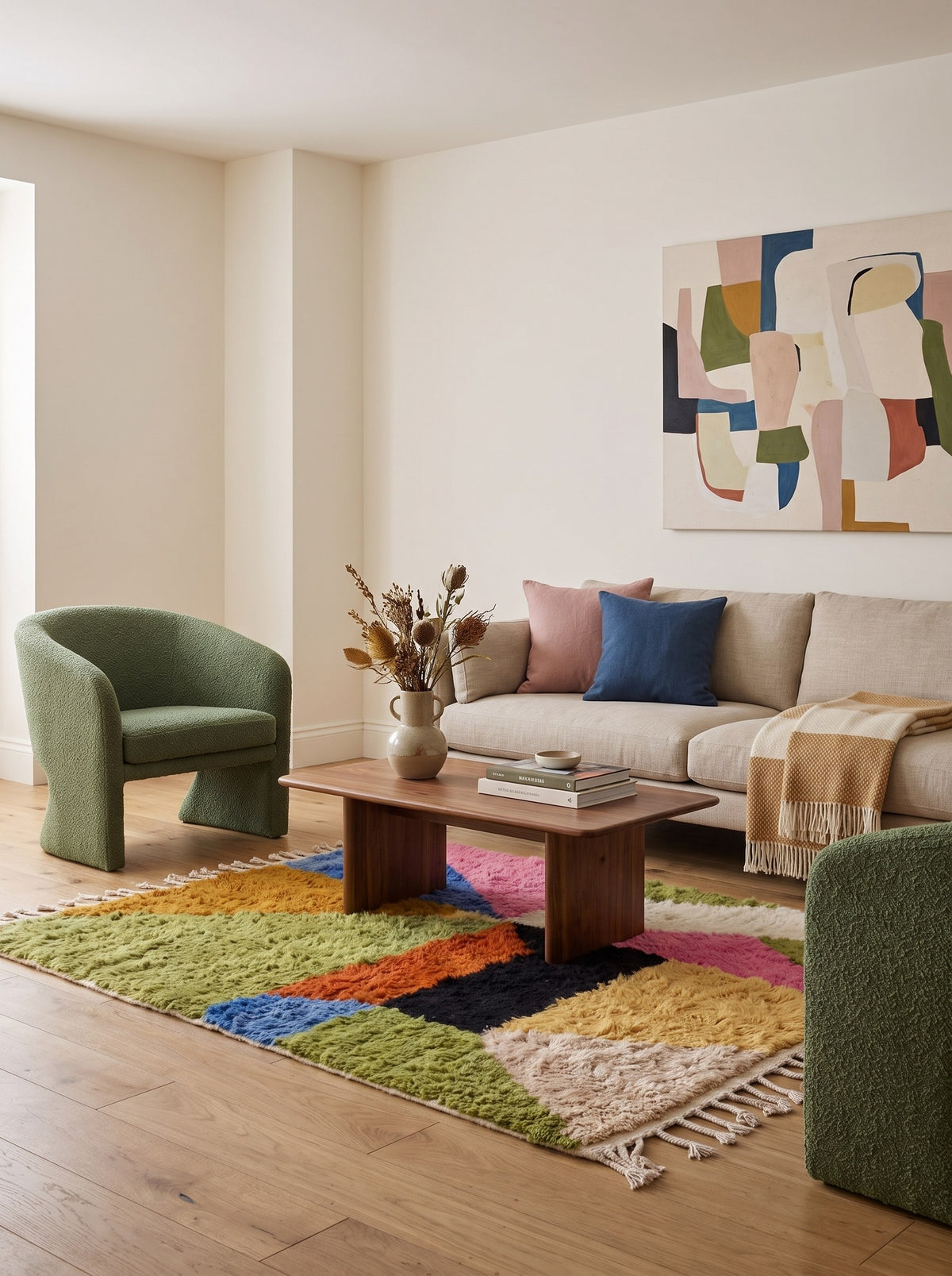 Tapis berbère graphique multicolore Tidiquin dans un autre salon, noué main au Maroc