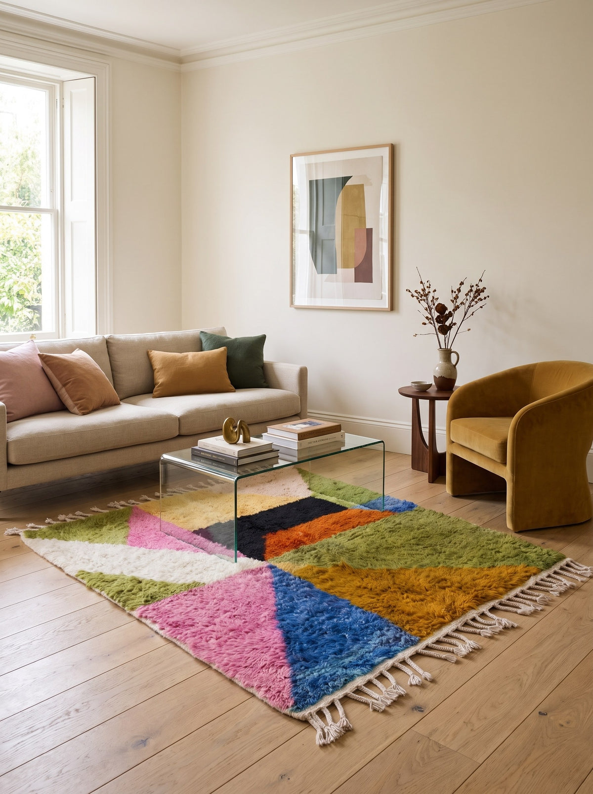 Tapis berbère graphique multicolore Tidiquin dans un salon, noué main au Maroc