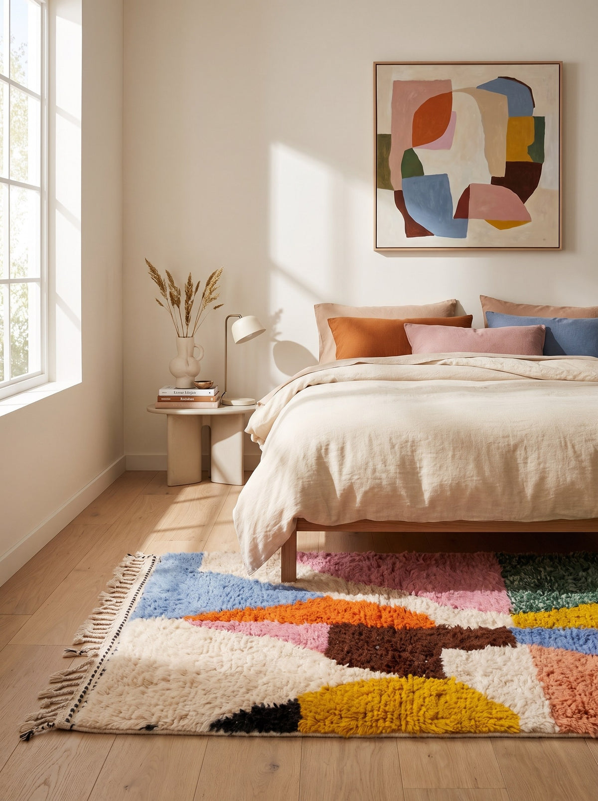 Tapis berbère graphique multicolore Tiwizi dans une chambre, noué main au Maroc