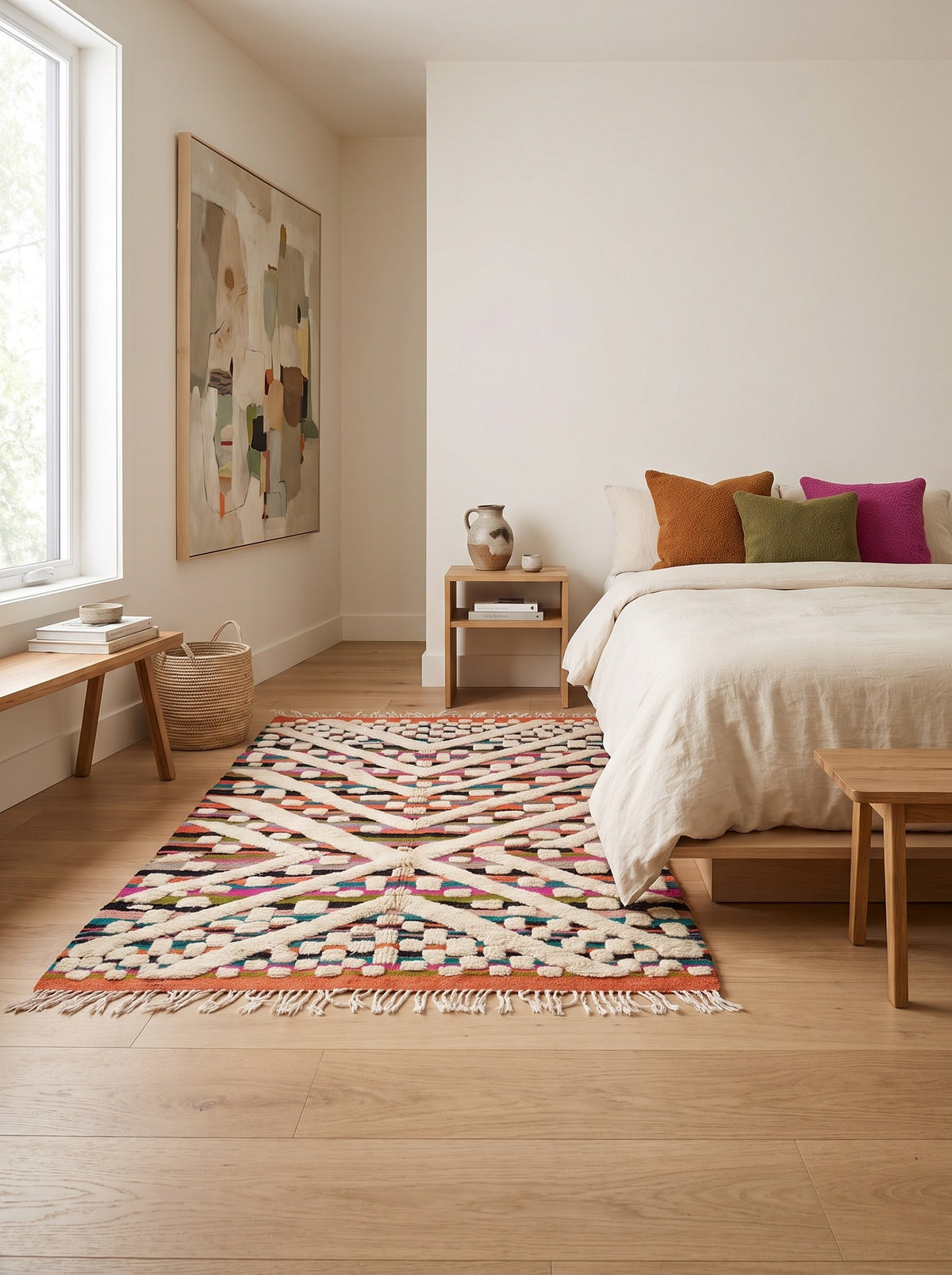 Tapis berbère graphique multicolore Yebrir dans une chambre, noué main au Maroc
