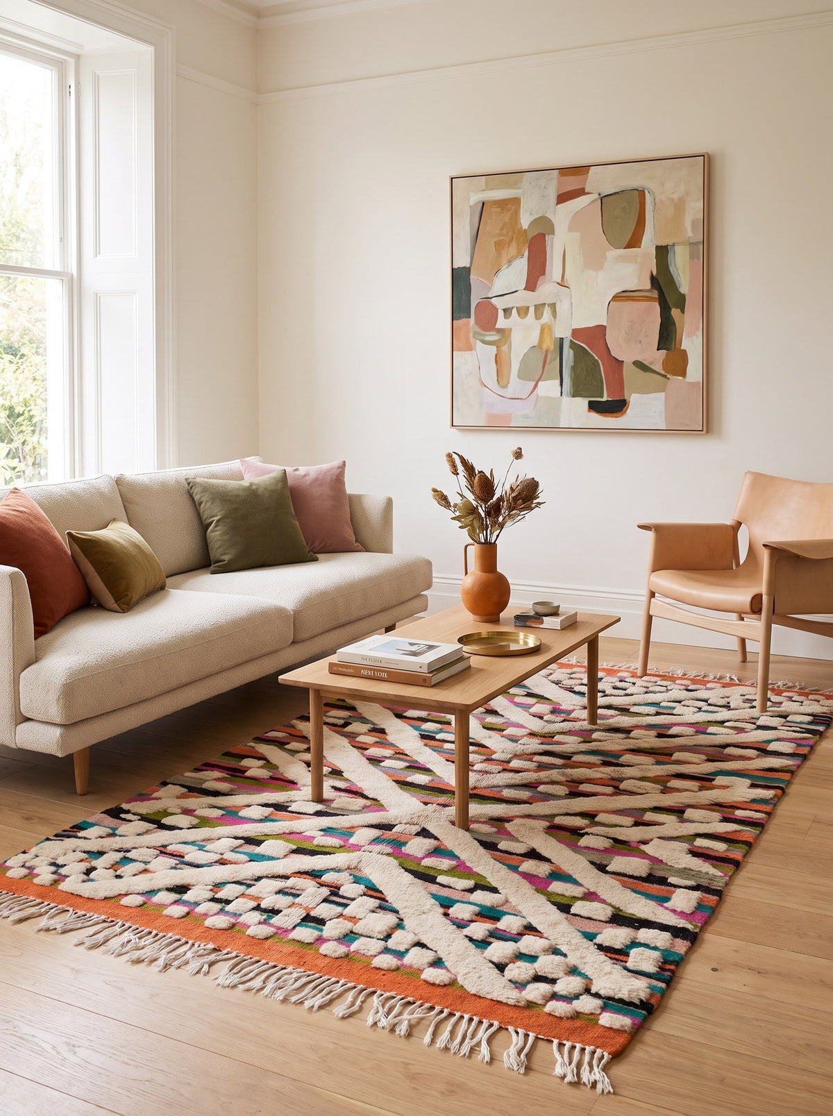 Tapis berbère graphique multicolore Yebrir dans un autre salon, noué main au Maroc