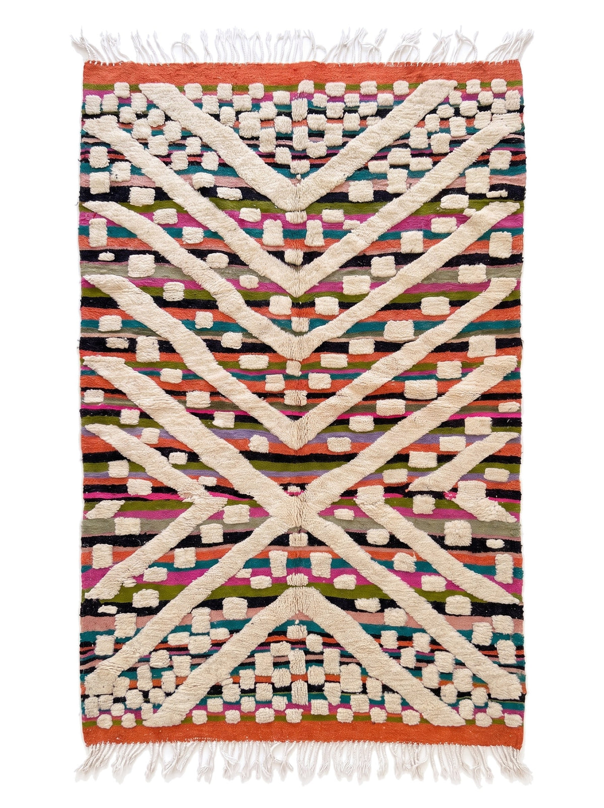 Berberteppich Yebrir, mehrfarbiges Grafikmuster, flach ausgelegt, Kelim mit Querstreifen in Orange, Fuchsia, Schwarz, Grün, Lila