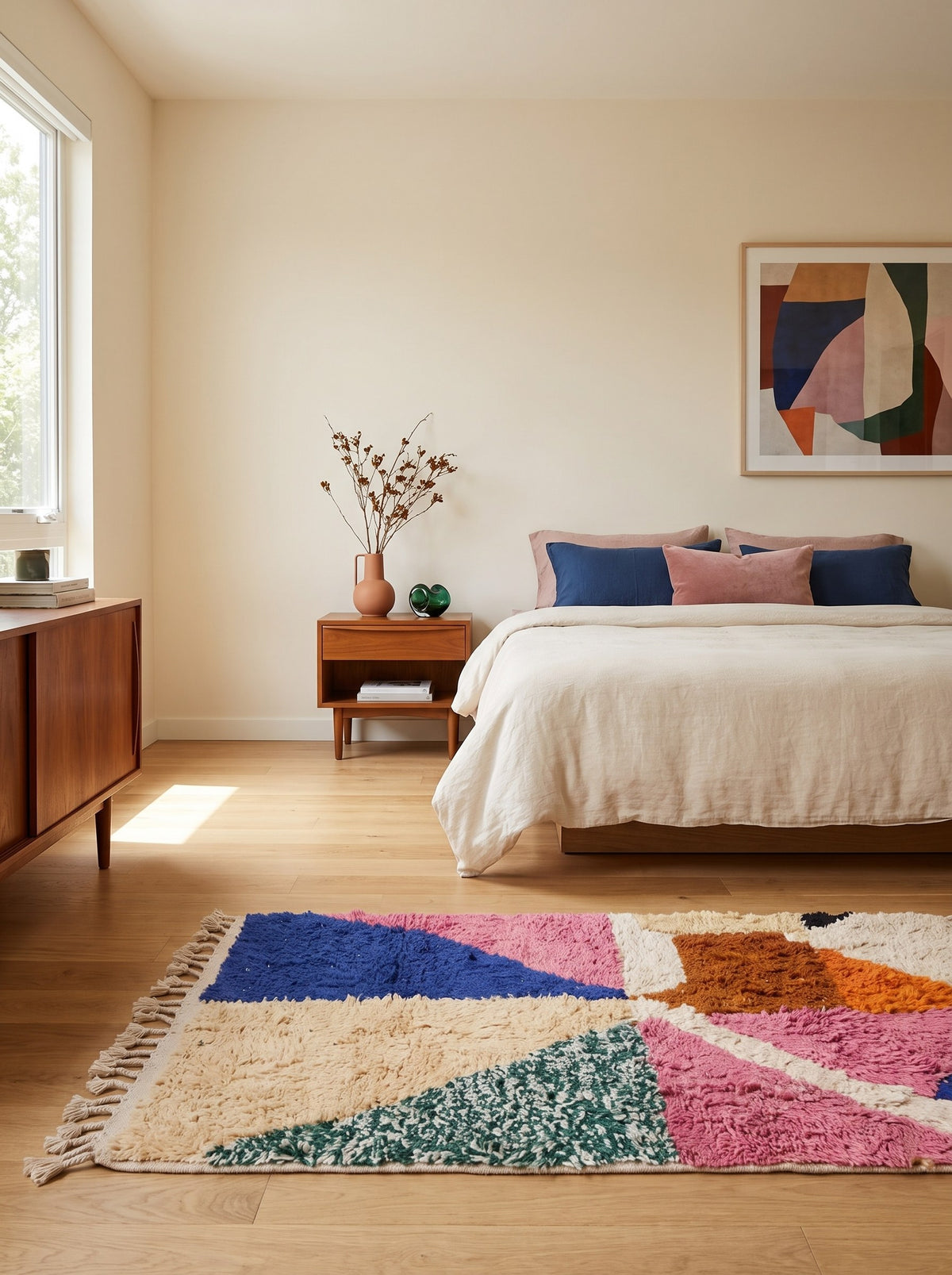 Tapis berbère graphique multicolore Yennayer dans une chambre, noué main au Maroc