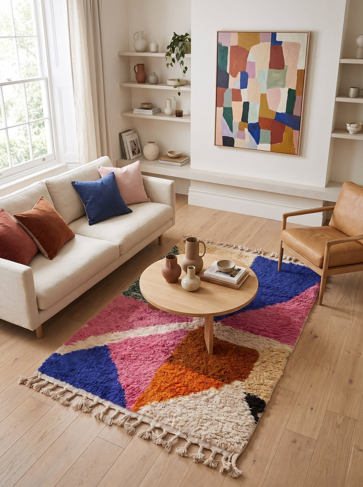 Tapis berbère graphique multicolore Yennayer dans un autre salon, noué main au Maroc