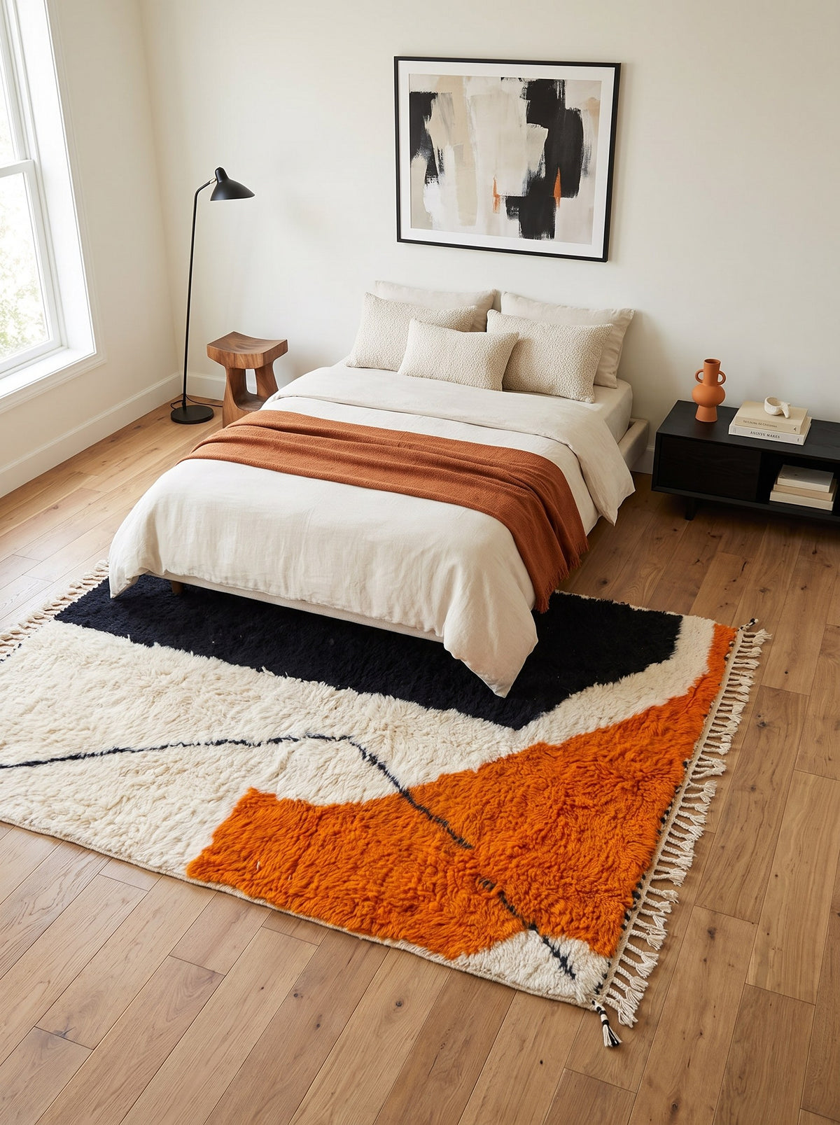 Tapis berbère graphique noir et orange Mouzal dans une chambre, noué main au Maroc
