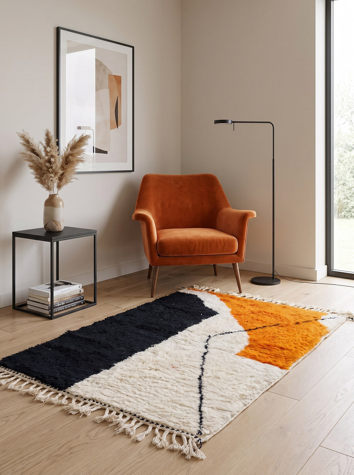 Tapis berbère graphique noir et orange Mouzal dans un coin lecture, noué main au Maroc
