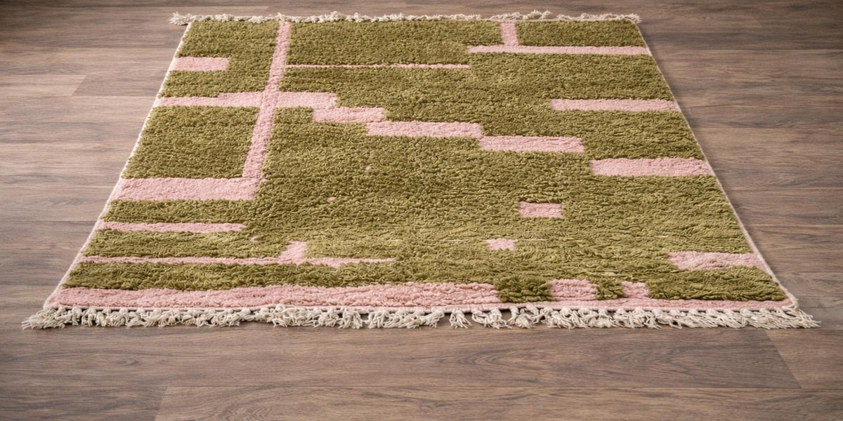 Tapis berbère graphique olive et rose Tinsal posé au sol vu de côté, noué main au Maroc