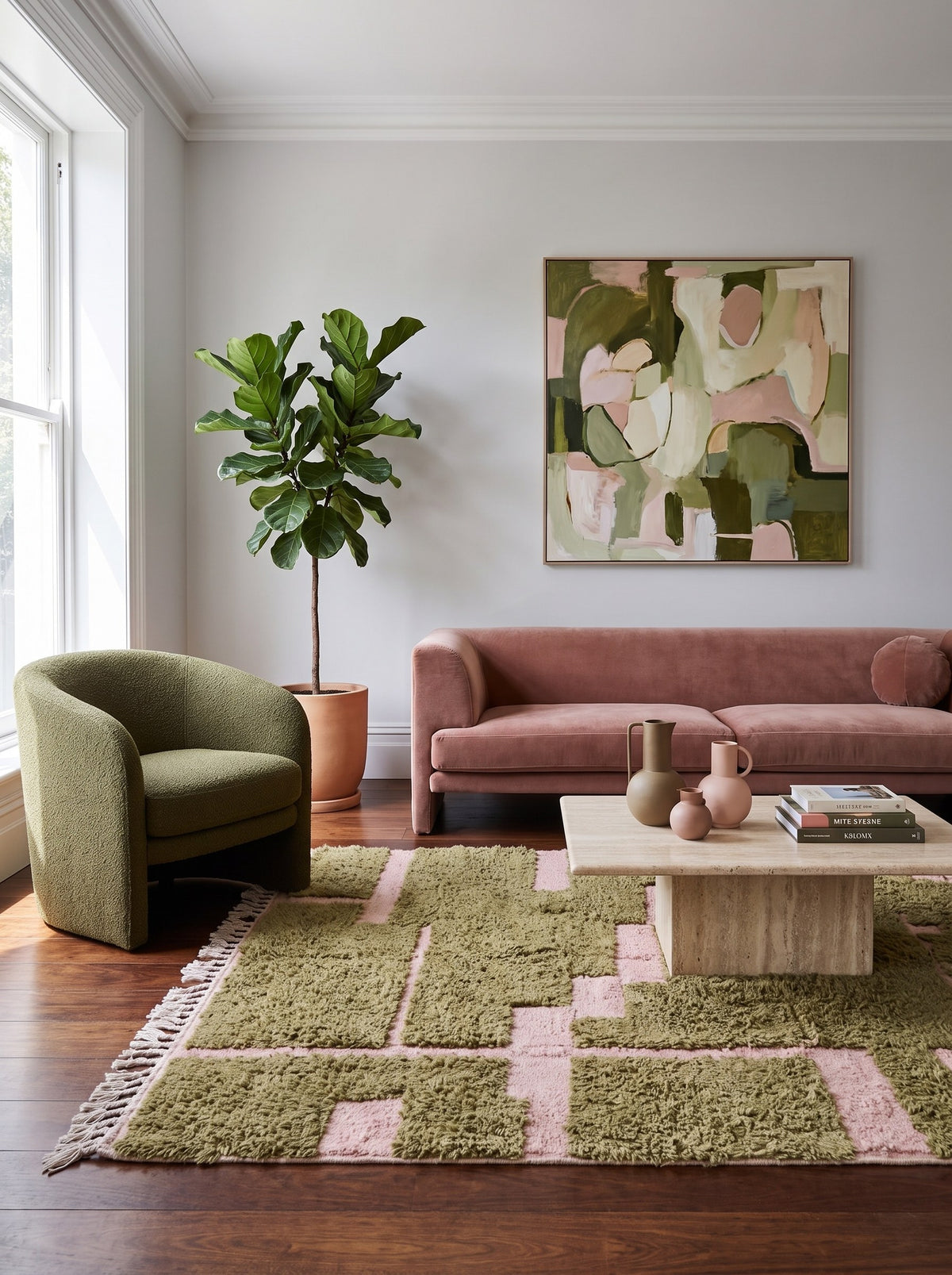 Tapis berbère graphique olive et rose Tinsal dans un salon, noué main au Maroc