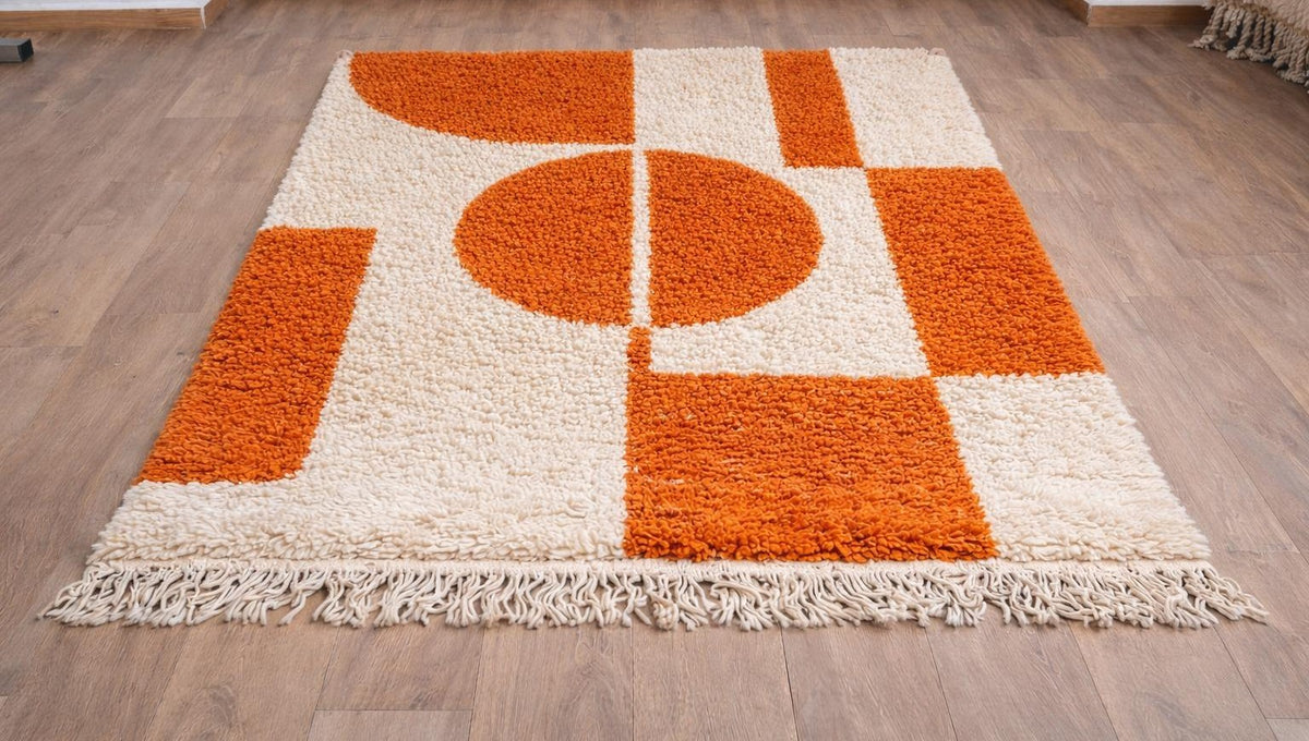 Asafu orange and white graphic Berber rug laid on the floor, seen from the side at an angle, hand-knotted in Morocco