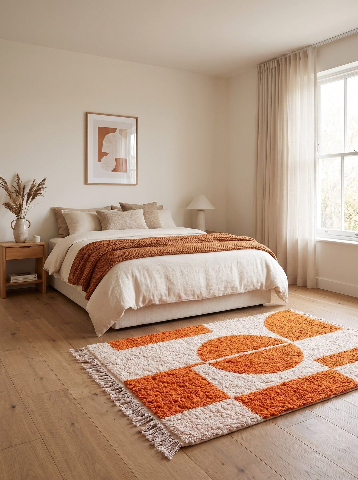 Asafu orange and white graphic Berber rug in a bedroom, hand-knotted in Morocco