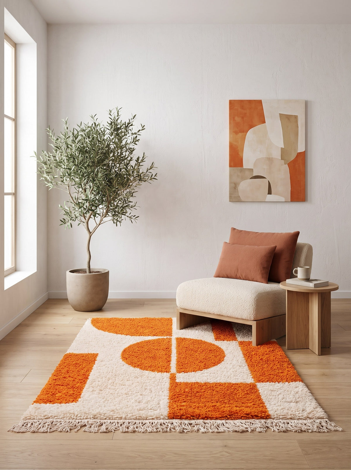 Asafu orange and white graphic Berber rug in a reading nook, hand-knotted in Morocco