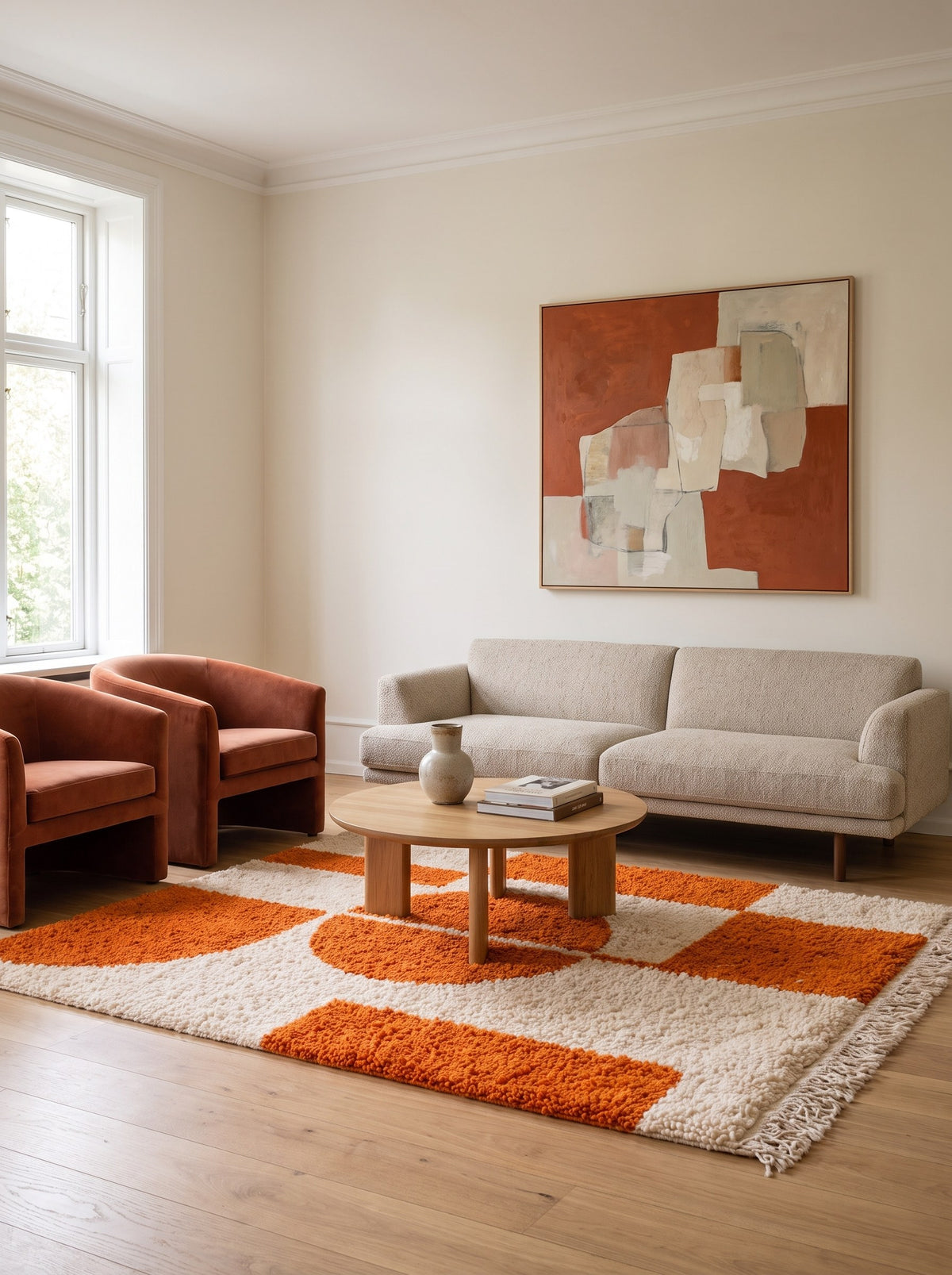 Asafu orange and white graphic Berber rug in a living room, hand-knotted in Morocco
