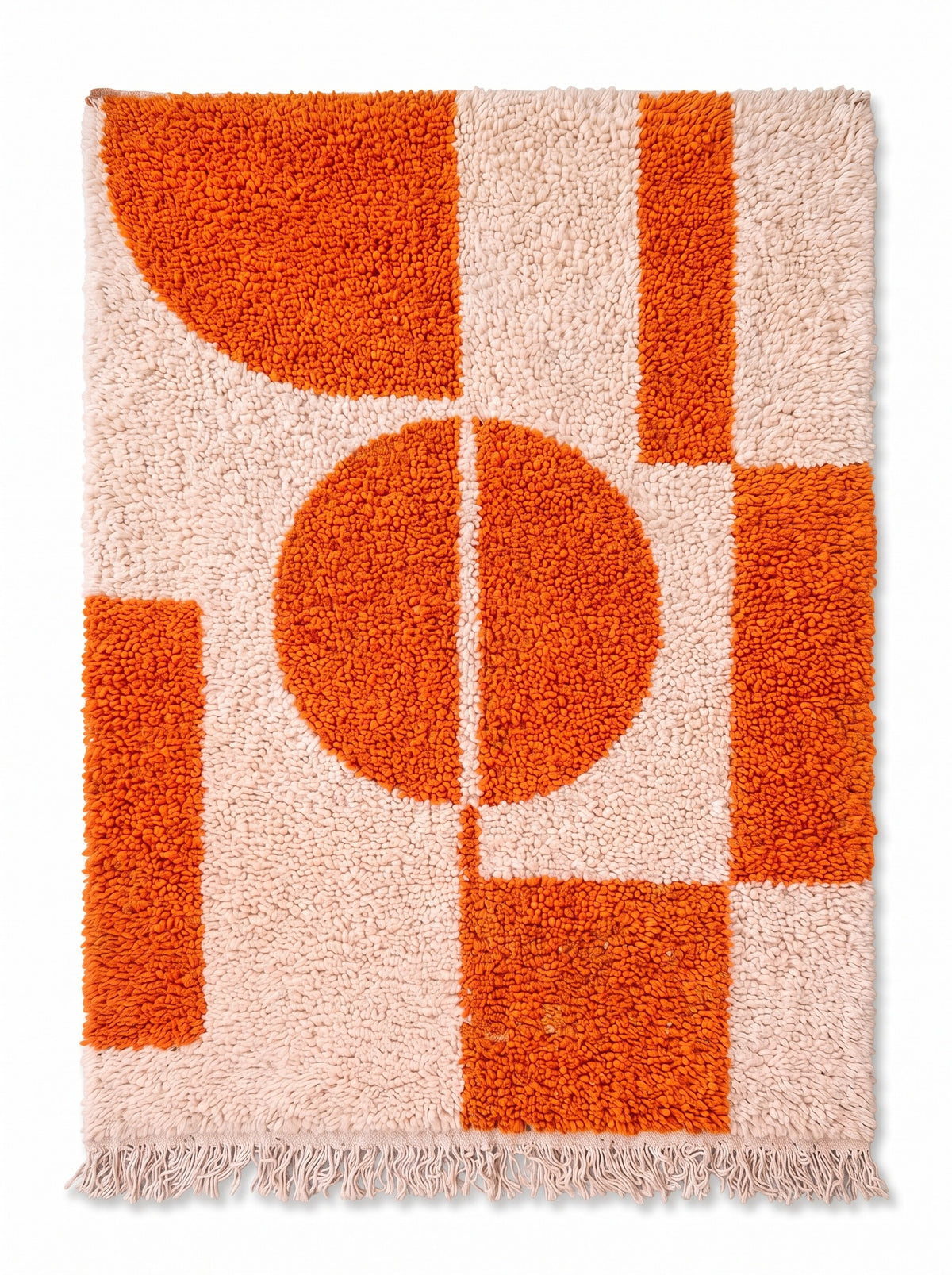 Asafu orange and white graphic Berber rug laid flat, ecru bouclé ground, orange quarter circle at the top