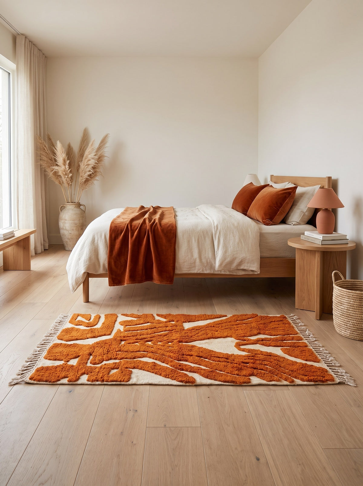 Chebbi graphic Berber rug in orange and white in a bedroom, hand-knotted in Morocco