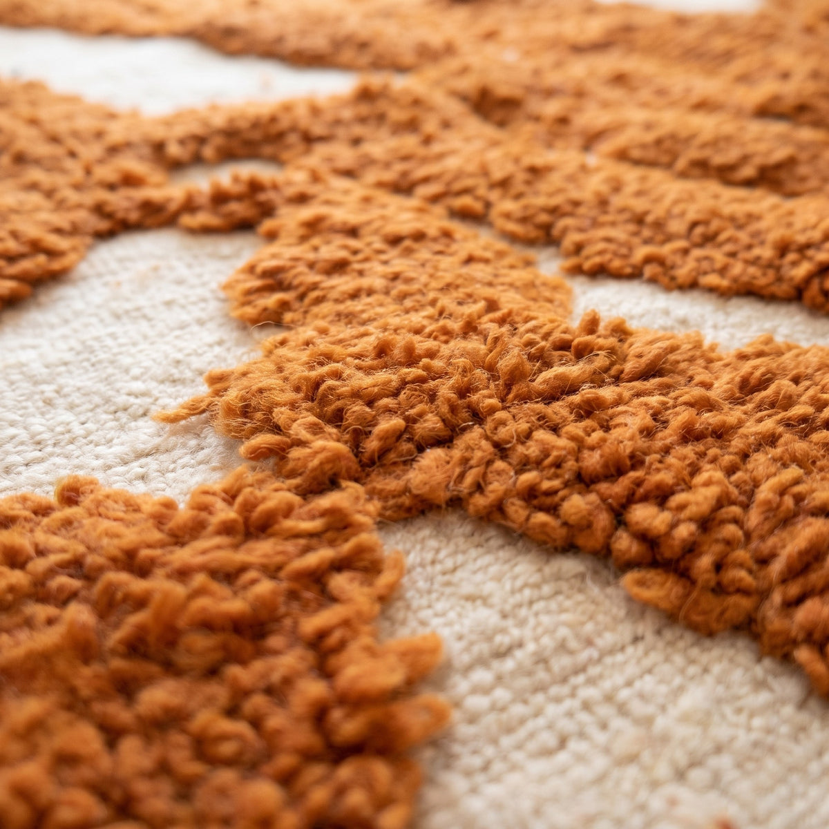 Close-up of a motif on the Chebbi Berber rug, close-woven ecru ground, rust orange flows