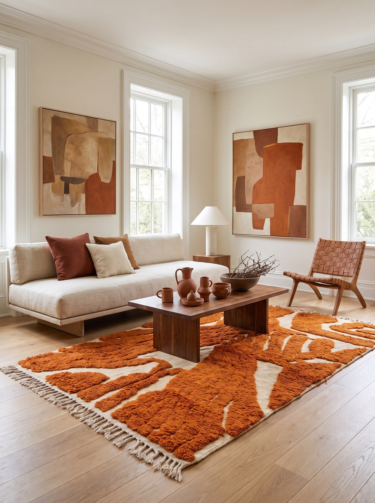 Chebbi graphic Berber rug in orange and white in a living room, hand-knotted in Morocco