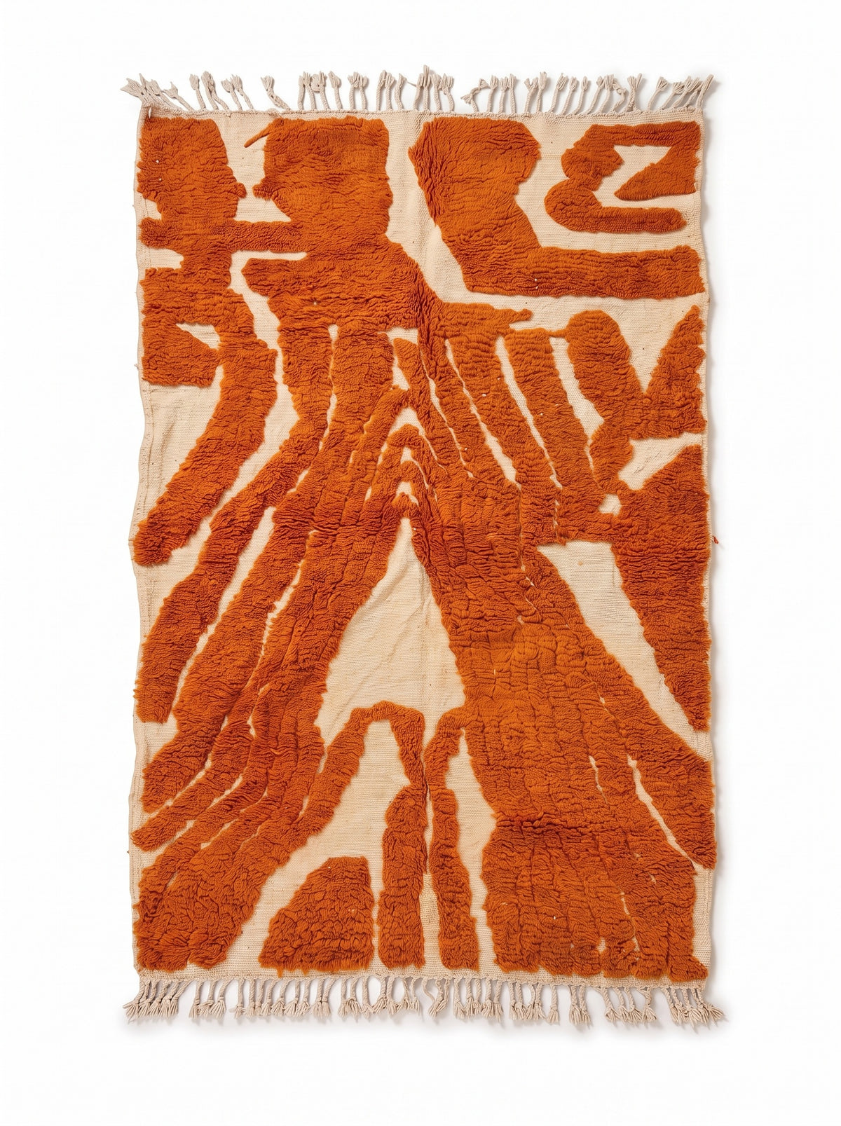 Chebbi graphic Berber rug in orange and white, laid flat, close-woven ecru ground, raised rust orange flows, ecru fringes