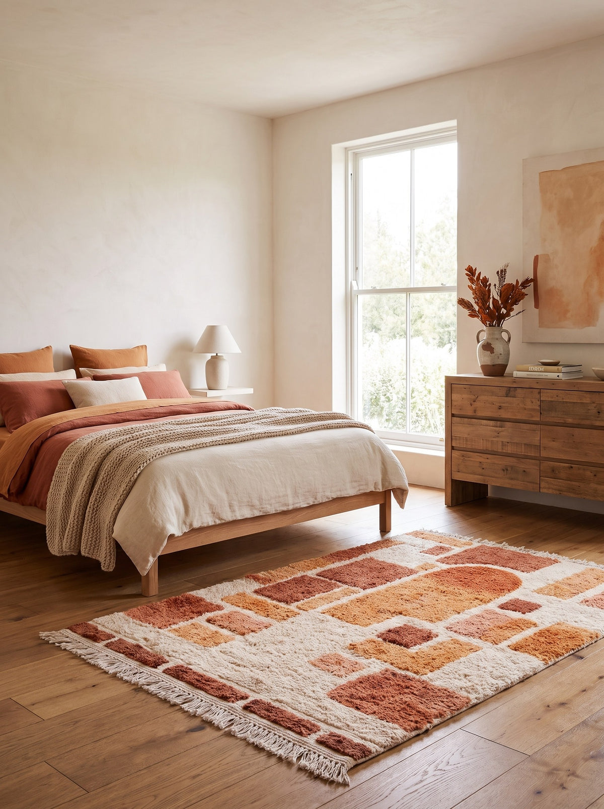 Tapis berbère graphique orange et blanc Tabburt dans une chambre, noué main au Maroc