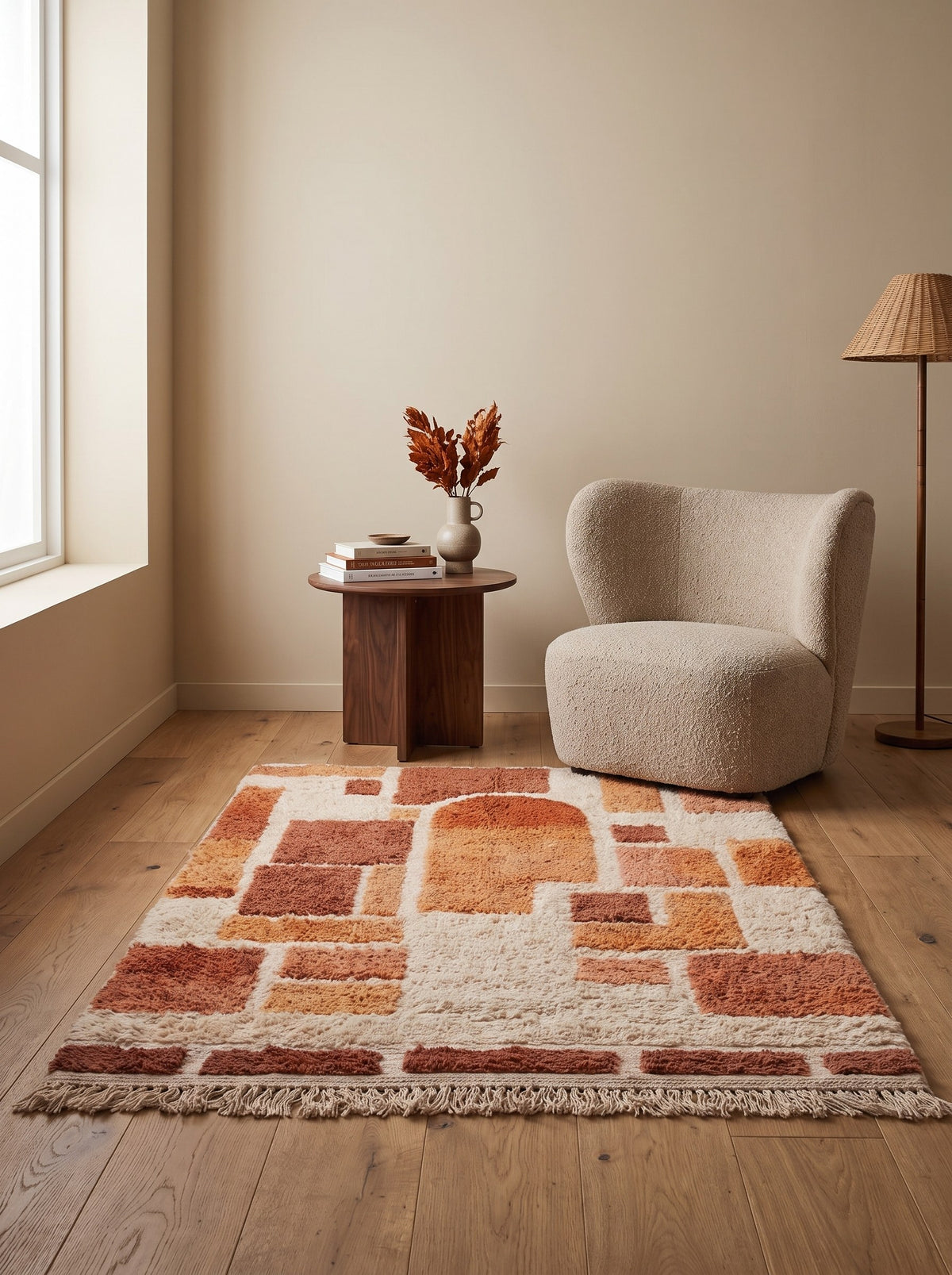 Tapis berbère graphique orange et blanc Tabburt dans un coin lecture, noué main au Maroc