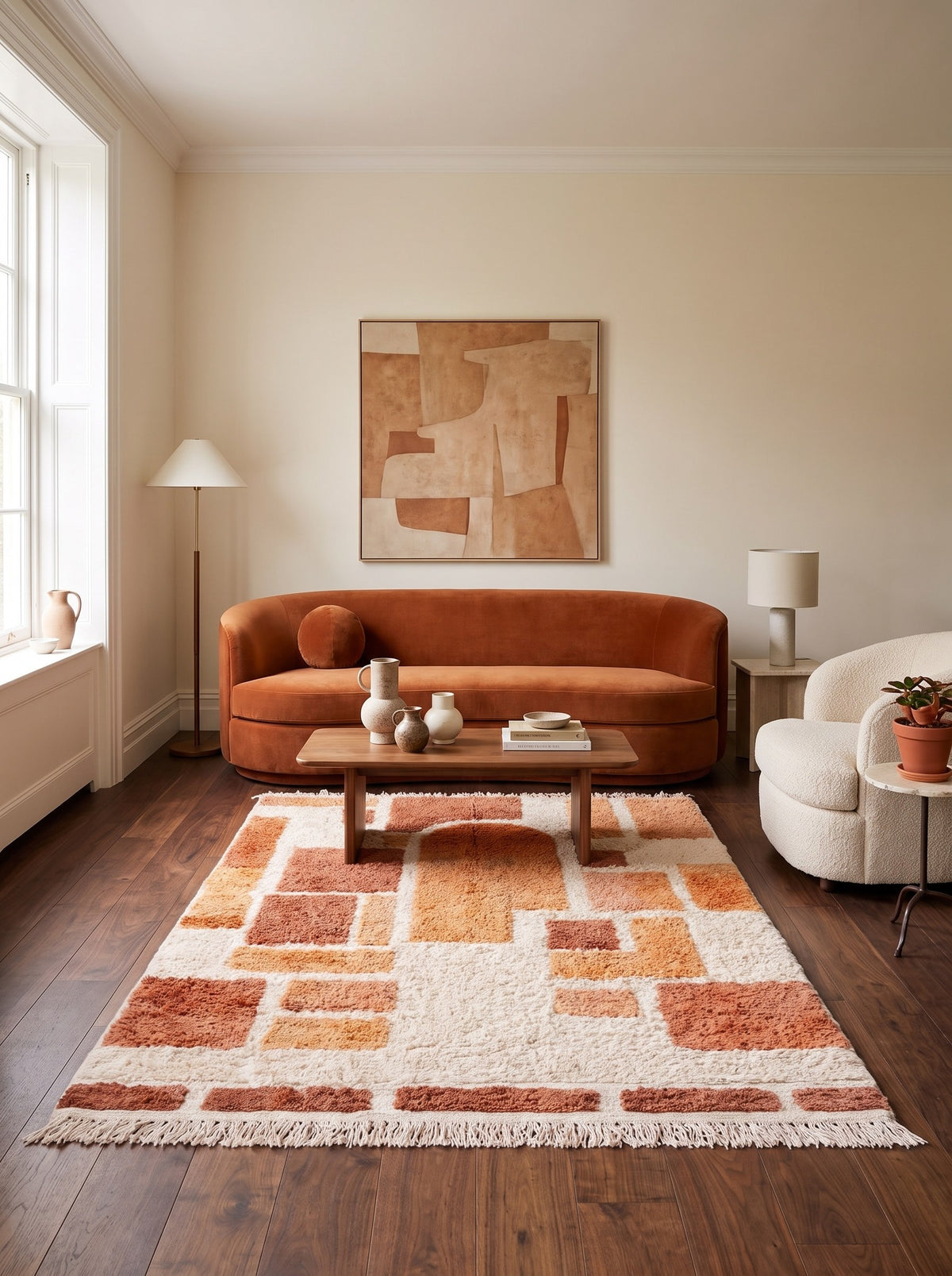 Tapis berbère graphique orange et blanc Tabburt dans un autre salon, noué main au Maroc