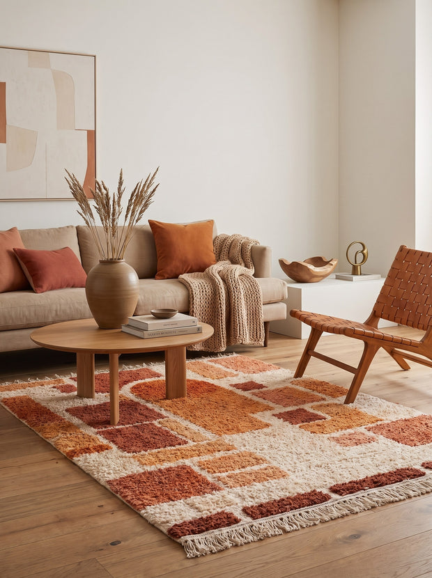 Tapis berbère graphique orange et blanc - Tabburt