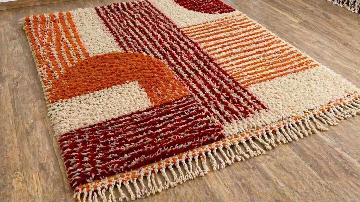 Tawwurt Berber rug, graphic, in orange and burgundy, on the floor, seen at an angle, hand-knotted in Morocco