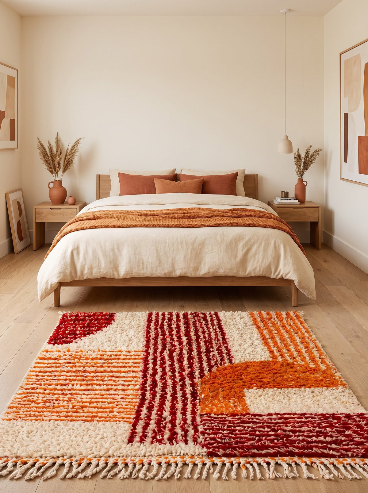 Tawwurt graphic Berber rug in orange and burgundy in a bedroom, hand-knotted in Morocco