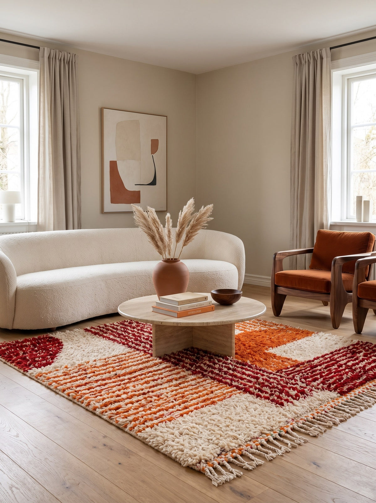 Tawwurt graphic Berber rug in orange and burgundy in another living room, hand-knotted in Morocco