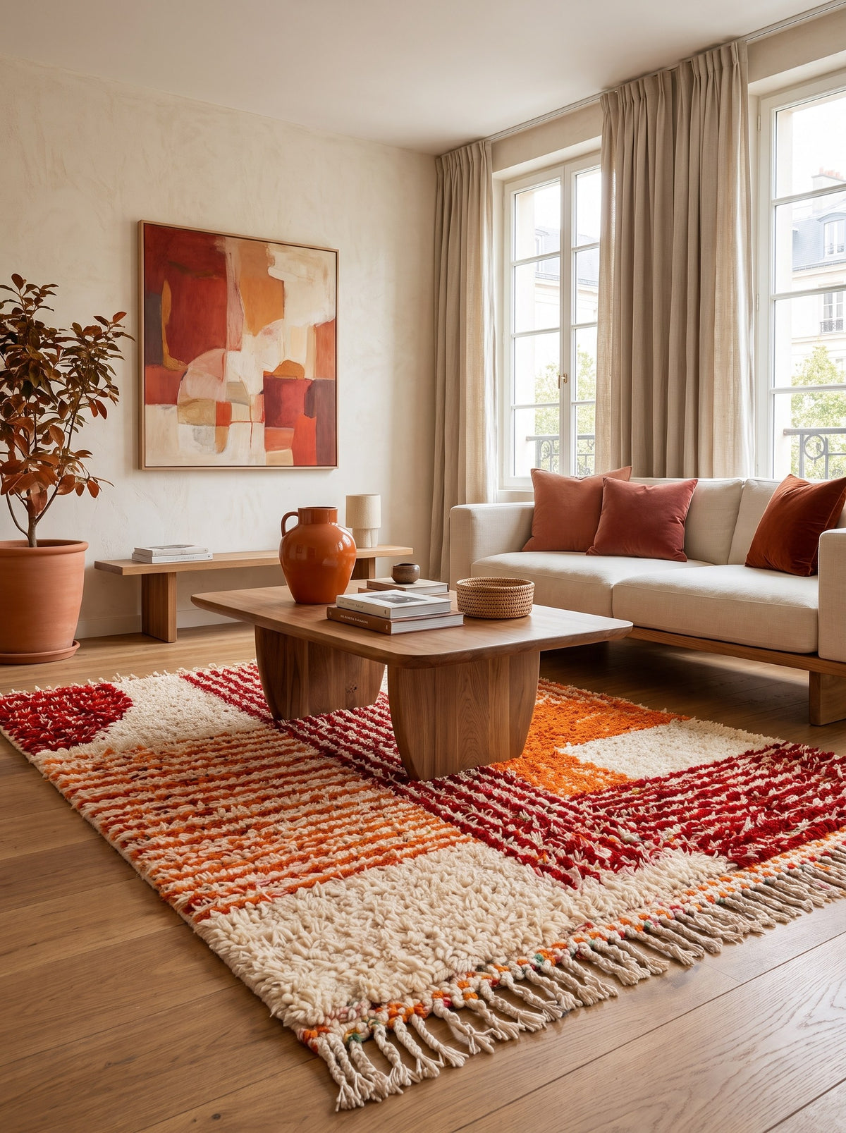 Tawwurt graphic Berber rug in orange and burgundy in a living room, hand-knotted in Morocco