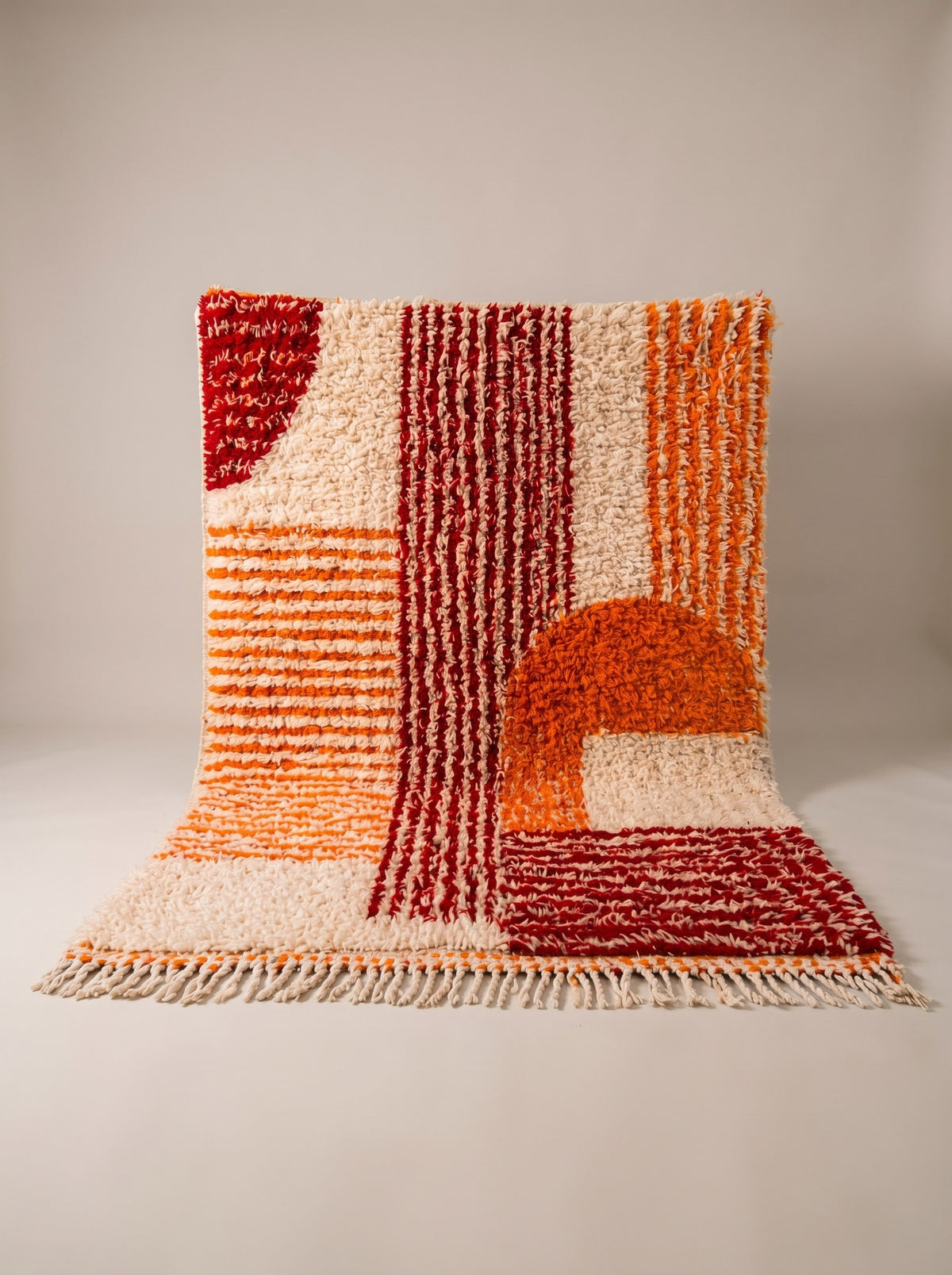 Tawwurt Berber rug, graphic, in orange and burgundy, hanging, one of a kind, hand-knotted in Morocco